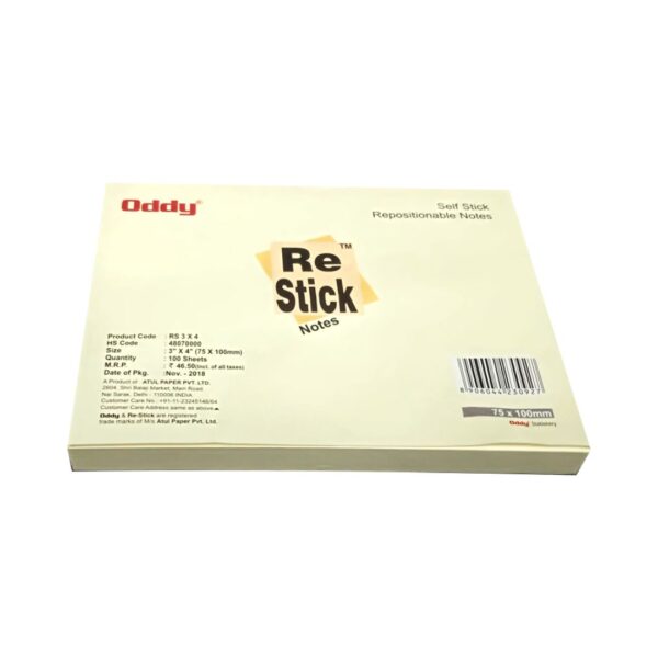 Oddy Re-Stick Yellow Sticky Notes – 3" x 4"