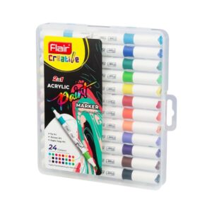 Flair Creative 2in1 Acrylic Paint Markers - 24 Shades set, displaying the markers and their range of colours.