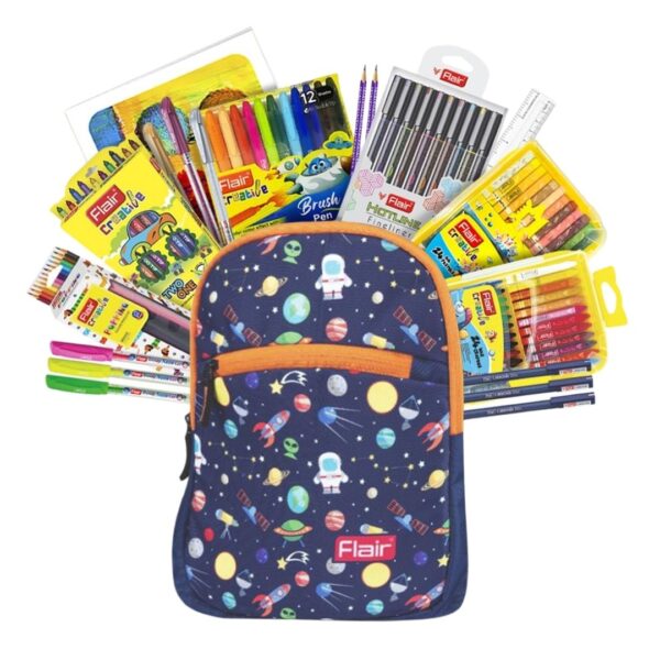 Flair Creative Art Station Kit with the backpack open, displaying all the contents.