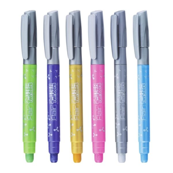 Flair Creative Glitter Twisters Gel Crayons - 06 Shades set, displaying the crayons and their glittery tips.