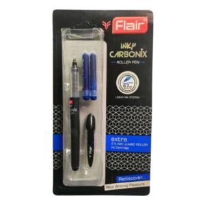 Flair Inky Carbonix Roller Pen showcasing its sleek design, with blue liquid ink and 2 ink cartridges.