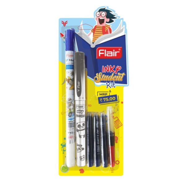 Flair Inky Student Kit laid out: fountain pen, 3 ink cartridges, ink converter, Inky eraser.