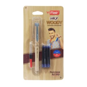 Flair Inky Woody Fountain Pen, showing its wood-grain texture, alongside ink cartridges and converter.