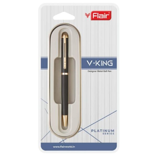 Flair V-King Metal Ball Pen highlighting its premium matte finish and striking gold trims.