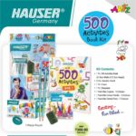 Hauser 500 Activities Book Kit displaying all its contents: book, pencils, crayons, sketch pens, etc.