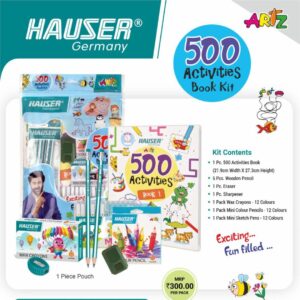 Hauser 500 Activities Book Kit displaying all its contents: book, pencils, crayons, sketch pens, etc.