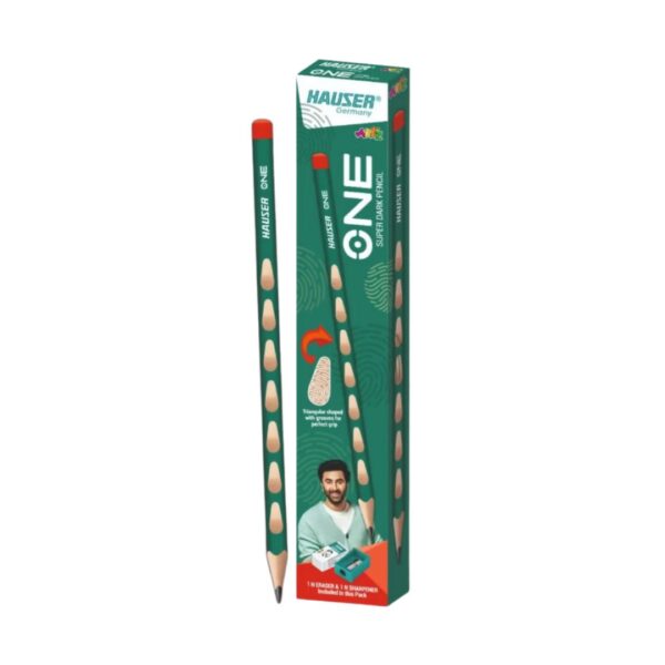 Hauser One Super Dark Pencils pack, showing the 10 pencils, eraser, and sharpener.