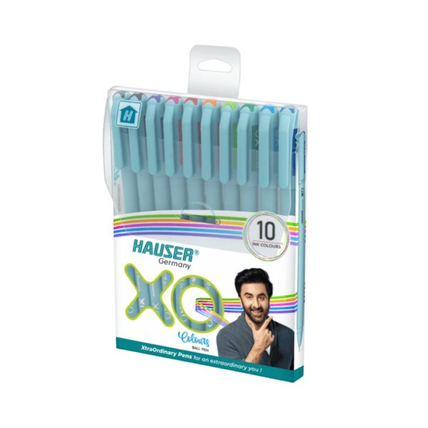 A complete Hauser XO Ball Pen Multicolour Set showing all 10 vibrant pens.