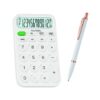 Close-up of the premium white body retractable ball pen. The exclusive white body 12-digit calculator with its long display.