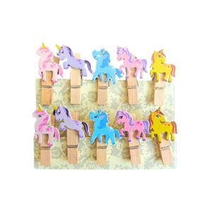 A set of Unicorn Wooden Clips displaying various unicorn designs.