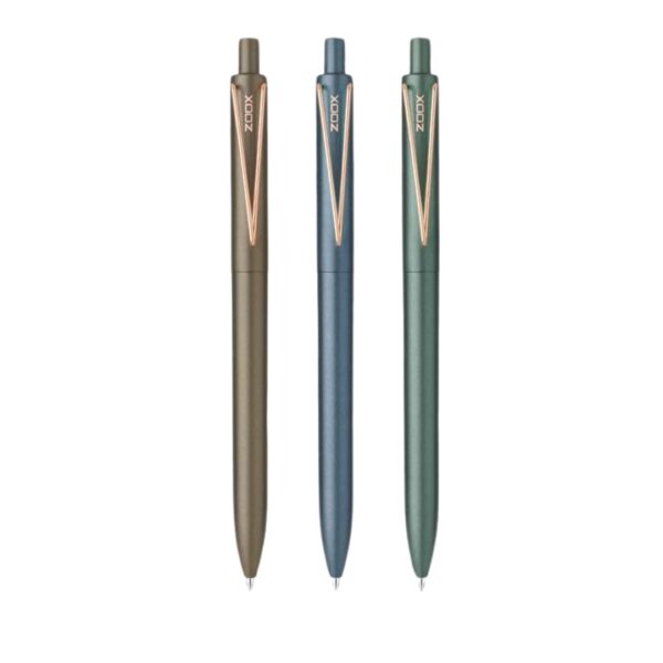 Multiple Zoox X7 Gel Pens in assorted body colors arranged neatly.