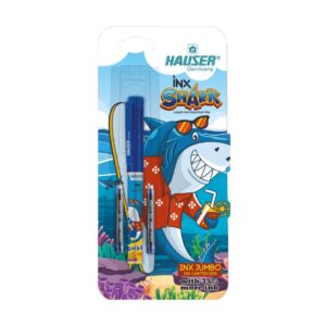 Hauser INX Shark Liquid Ink Fountain Pen in its blister pack with jumbo cartridges.