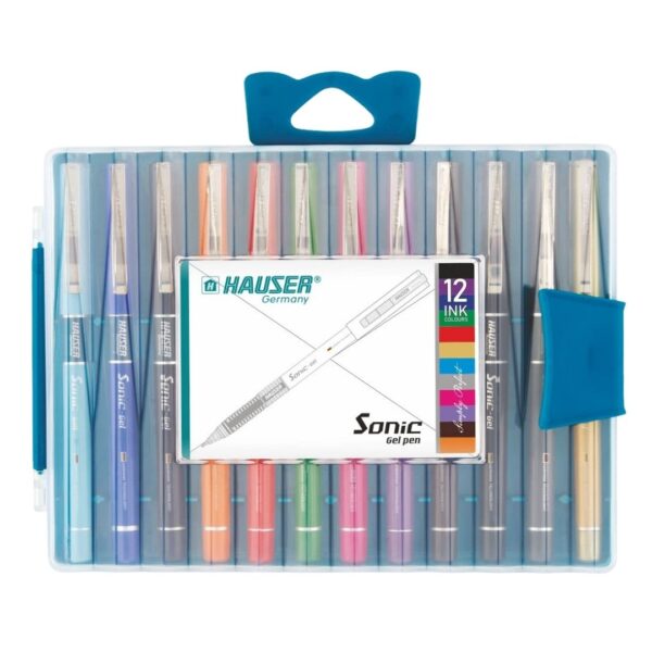 The pens arranged on a desk next to a colorful journal.