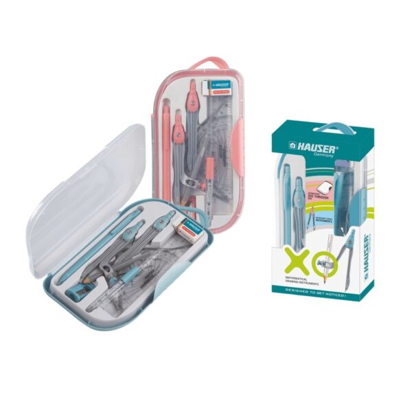 Hauser XO Mathematical Drawing Instrument set laid out, showing all components.